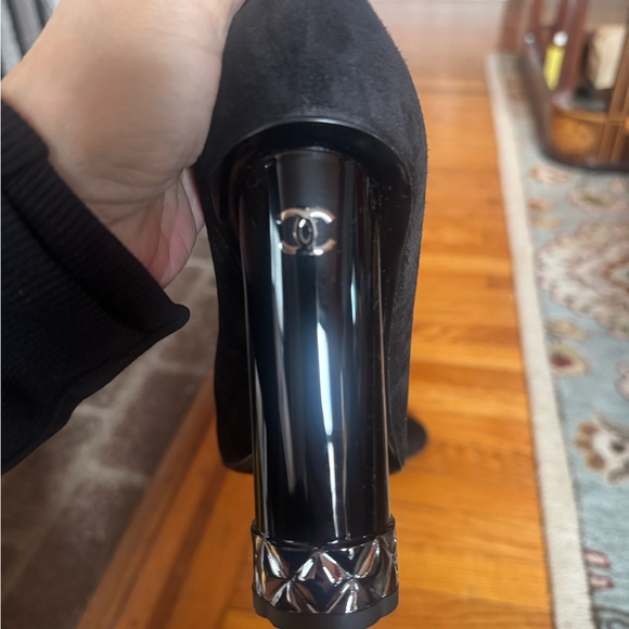 Chanel Black Suede with silver patterned heel pumps - Picture 2 of 8